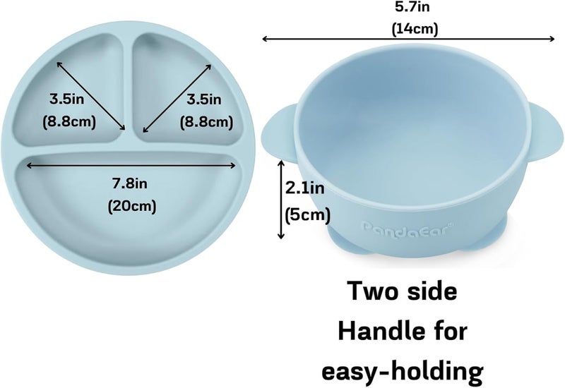 PandaEar Silicone Baby Feeding Set | 11PCS Baby Led Weaning Supplies Self Feeding Utensils | Divided Suction Plate Bowl Bibs Sippy Cup with Baby Food Pouch Snack Container Spoons Forks, Blue - Image 3